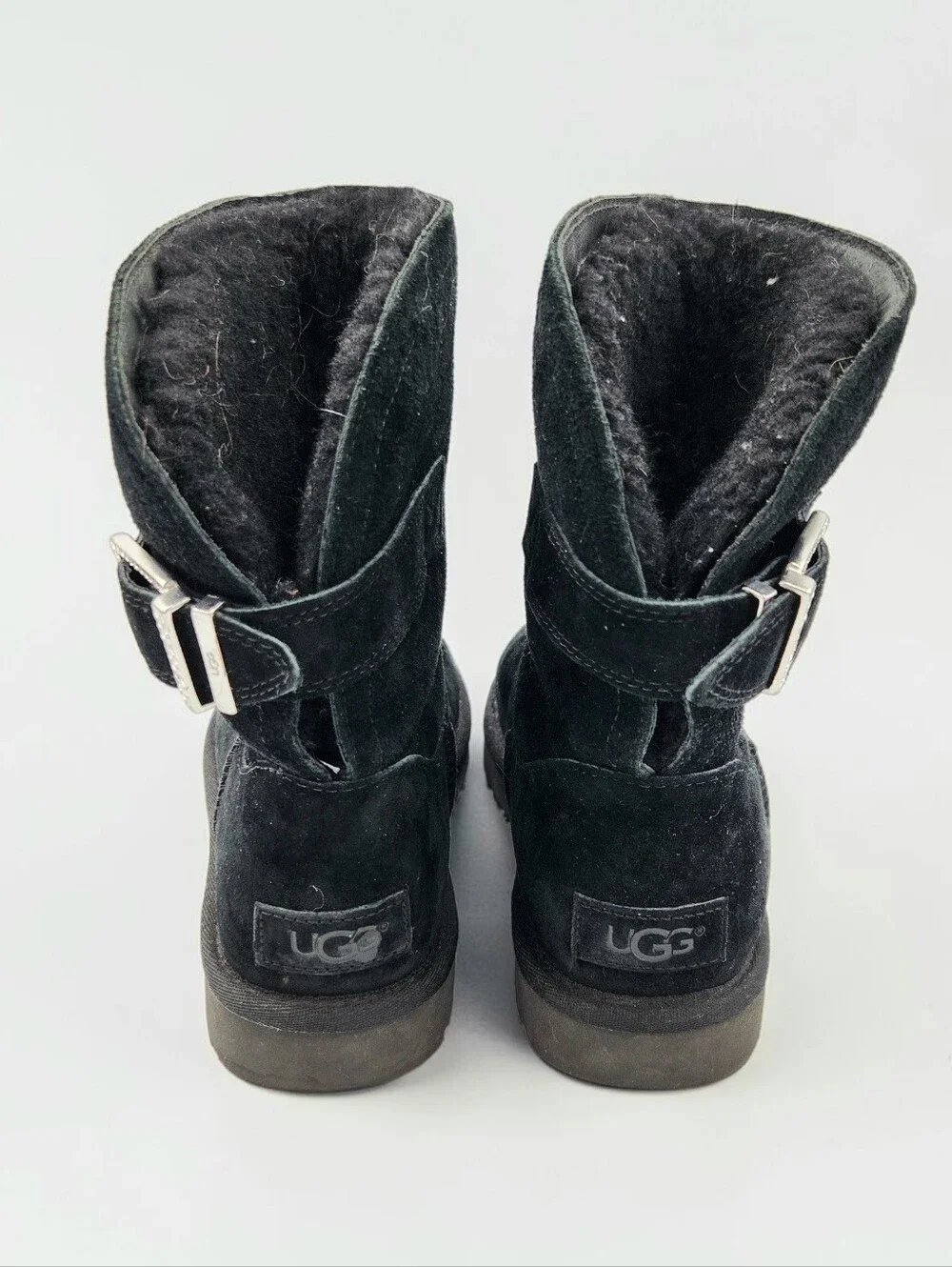 UGG Remora Crystal Bucklet Mid Calf Boot Black Womens 6 Suede Sheepskin Wool